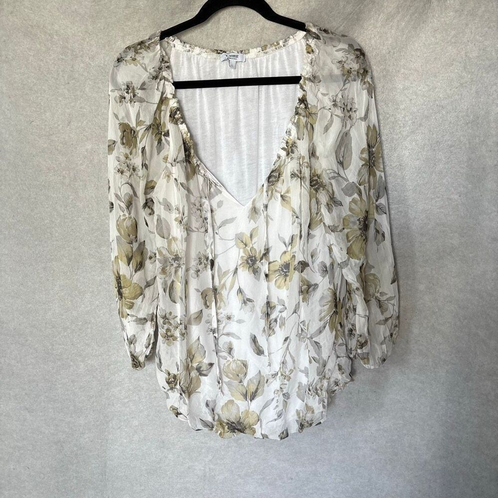 Rosemarine Floral Silk Blouse Size L Flowy Bubble Hem Tie Neckline Romantic